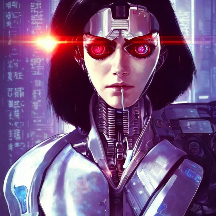 Prompt: a cyberpunk portrait of an angry policewoman with a robotic eye, alita battle angel, by rutger van de steeg, kishiro yukito, and alphonse mucha, trending on artstation, scary red dramatic lighting, blade runner, ghost in the shell, cyberpunk 2 0 7 7, pinterest