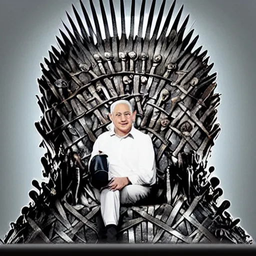 Image similar to “Benjamin Netanyahu sitting on the iron throne, 4k, award winning, Digital art, scene from game of thrones”