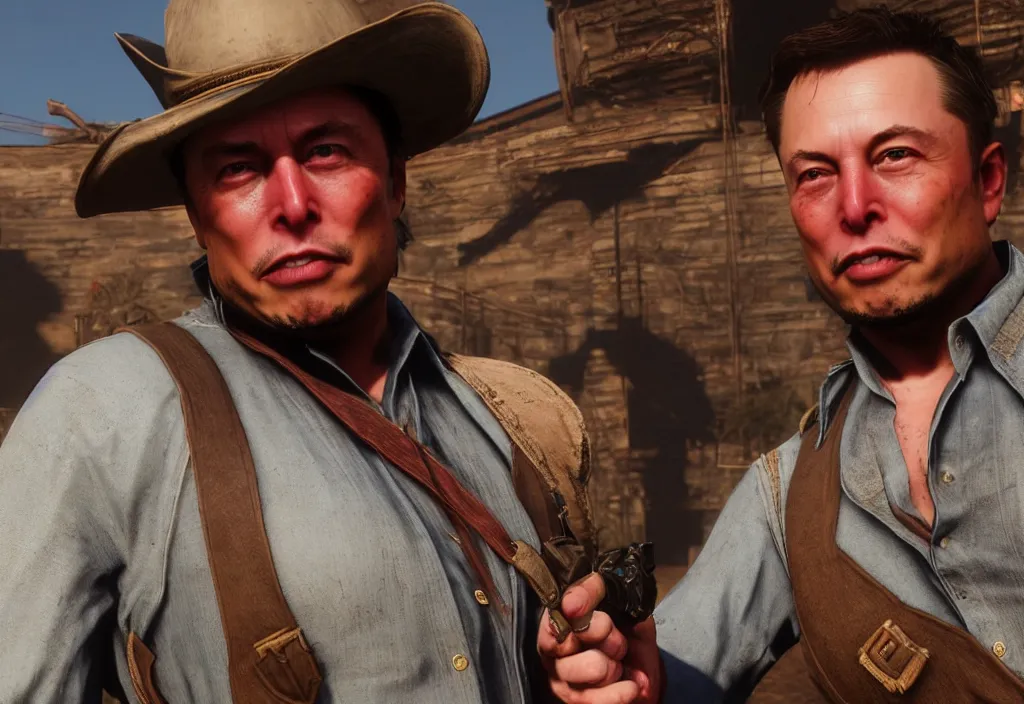 Image similar to elon musk in the red dead redemption 2, elon musk in the video game red dead redemption 2, gameplay screenshot, close up, 3 d rendering. unreal engine. amazing likeness. very detailed.