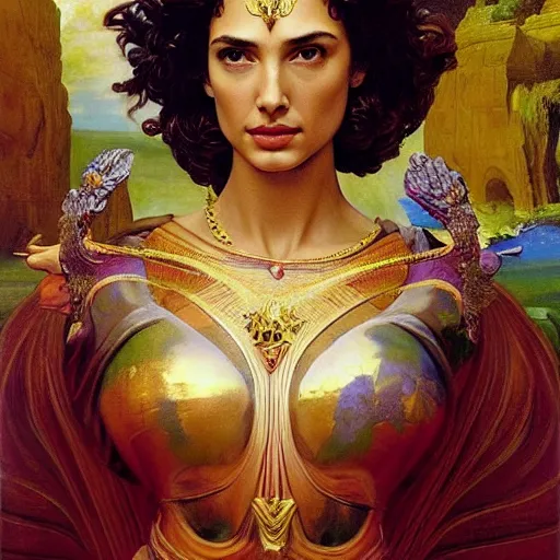 Image similar to Head and shoulders masterpiece portrait oil painting of the beautiful goddess Gal Gadot as Atenea, she is wearing roman clothes and a surreal jewelry, her hair is natural disheveled, she is approaching heaven over the clouds, naturalism, dramatic lighting, high-detailed oil painting by Ilya Repin, Michelangelo da Caravaggio, William Blake, Alex Grey and Beksinski, trending on Artsation, hystorical painting, naturalism, masterpiece, 4k, 8k,