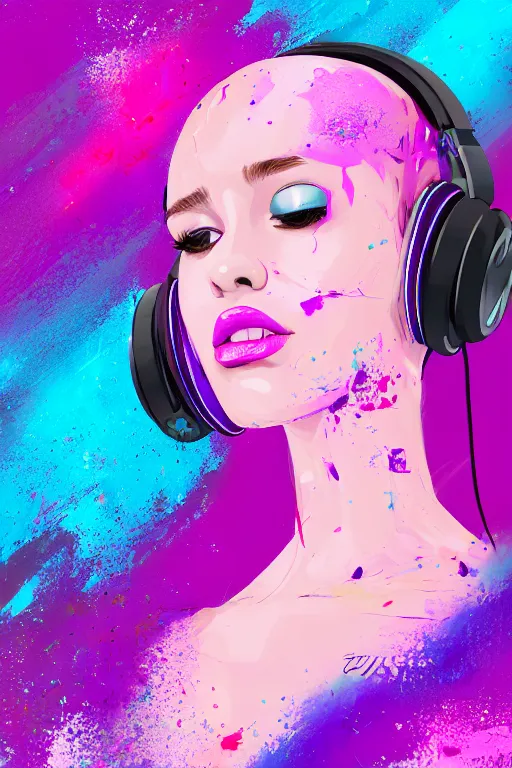 Image similar to a award winning half body portrait of a beautiful woman in a croptop and cargo pants with ombre purple pink teal hairstyle with head in motion and hair flying listenin to music on headphones by wlop, paint splatter, outrun, vaporware, shaded flat illustration, digital art, trending on artstation, highly detailed, fine detail, intricate