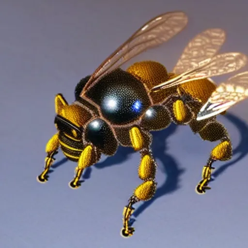 Image similar to cybernetic bees made of metal, mechanical, glowing