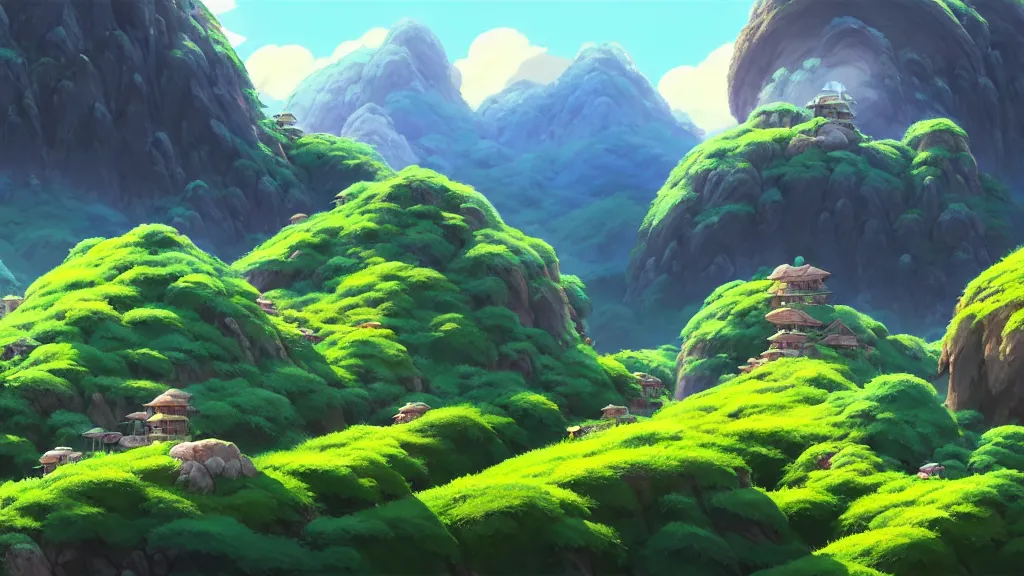 Image similar to mountainside landscape, studio ghibli, pixar and disney animation, sharp, rendered in unreal engine 5, highly detailed, digital painting, artstation, concept art, smooth, sharp focus, illustration, wide angle, artbook, wallpaper, splash art, promo art, dramatic lighting, art by artgerm and greg rutkowski and bo chen and jin xiaodi