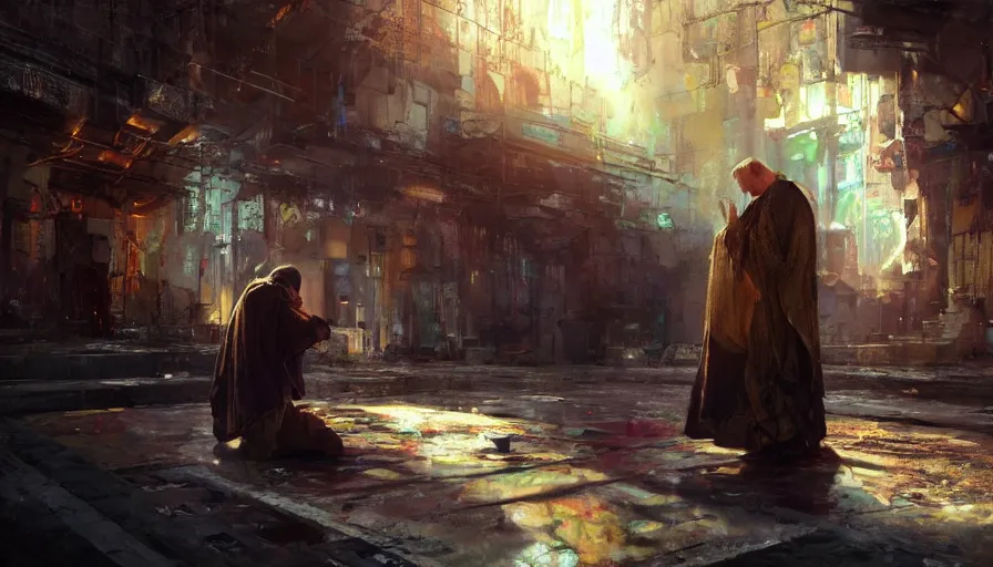 Prompt: craig mullins a man in robes kneels and prays, the sun's holy light shines down upon him, colorful, solarpunk, cyberpunk, unreal engine, hyper realism, realistic shading, cinematic composition, realistic render, octane render, detailed textures, photorealistic, wide shot
