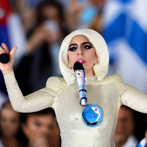 Image similar to Lady Gaga as president, Argentina presidential rally, Argentine flags behind, bokeh, giving a speech, detailed face, Argentina