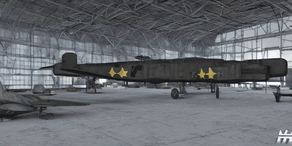 Prompt: WW2 bomber converted into a spaceship in a rundown cyberpunk hanger, 4k, photorealistic, extreme detail