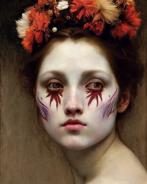 Prompt: a beautiful girl wearing face paint, by edgar maxence and caravaggio and michael whelan, intricate painting, hyper realistic, extremely detailed and beautiful aesthetic face, 8 k resolution