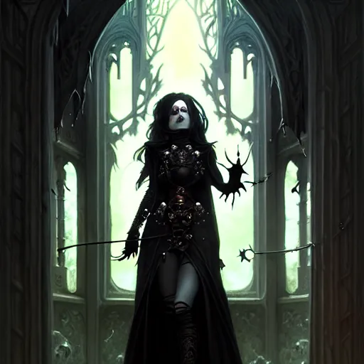 Image similar to A epic fantasy portrait of a cute goth woman, castle setting, horror movie lightning, intricate, elegant, highly detailed, digital painting, artstation, concept art, matte, sharp focus, illustration, art by Artgerm and Greg Rutkowski and Alphonse Mucha