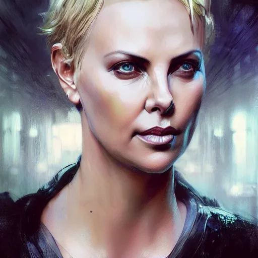 Image similar to charlize theron, hyperrealistic portrait, bladerunner street, art of elysium by jeremy mann and alphonse mucha, fantasy art, photo realistic, dynamic lighting, artstation, poster, volumetric lighting, very detailed face, 4 k, award winning