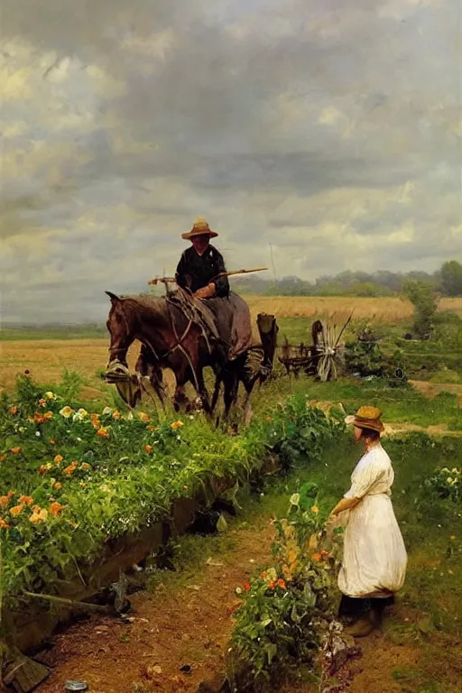 Image similar to simple amish farmers tending to their cottage vegetable gardens, art by anders zorn, wonderful masterpiece by greg rutkowski, beautiful cinematic light, american romanticism thomas lawrence, greg rutkowski