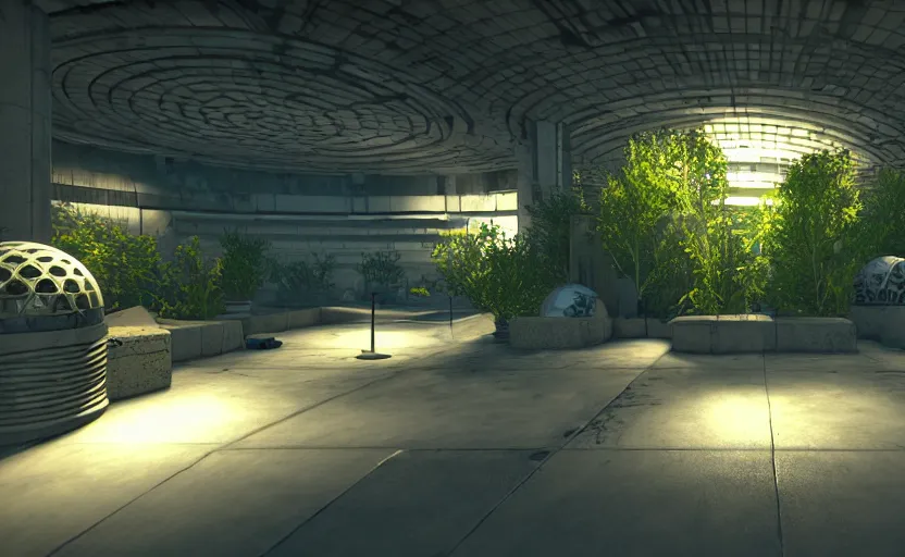 Image similar to in-game screenshot of a group of hazmat scientists on unreal engine 5, in a liminal underground garden, photorealistic, retrofuturism, brutalism, staggered terraces, minimalist, soft vintage glow