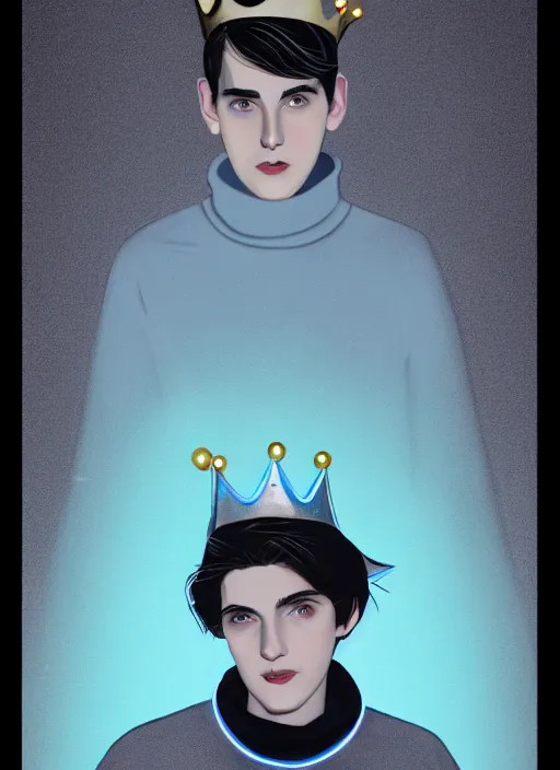 Image similar to portrait of teenage jughead jones wearing a light grey crown, crown, blue turtleneck, 1 9 5 0 s, closed eyes, photorealistic, black hair, glowing lighting, intricate, elegant, glowing lights, highly detailed, digital painting, artstation, concept art, smooth, sharp focus, illustration, art by wlop, mars ravelo and greg rutkowski