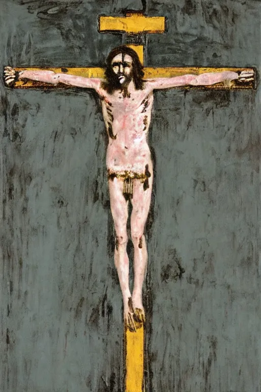 Image similar to bloody jesus christ crucified painted by cy twombly and andy warhol