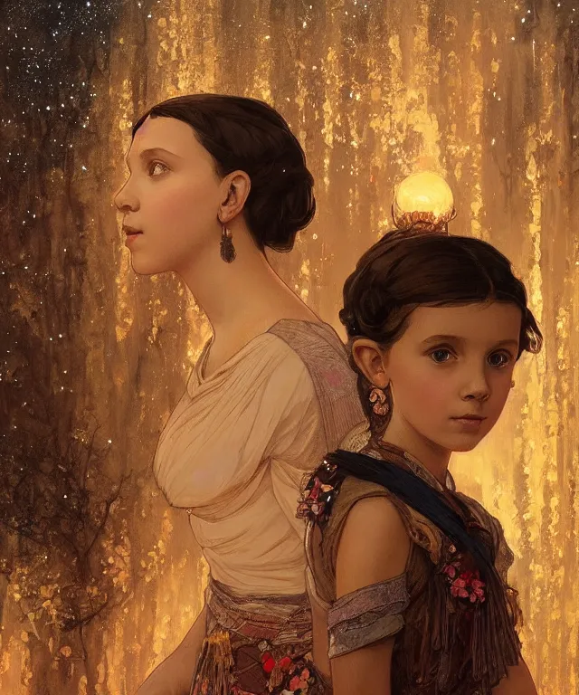 Prompt: a beautiful painting of a girl resembling millie bobby brown at the lantern festival in a an ancient egyptian town, at night with a sky full of stars, intricate, elegant, highly detailed, digital painting, artstation, concept art, by krenz cushart and artem demura and alphonse mucha