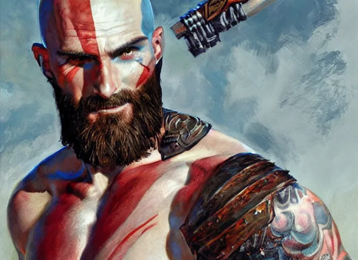 Image similar to a highly detailed beautiful portrait of adam levine as kratos, by gregory manchess, james gurney, james jean