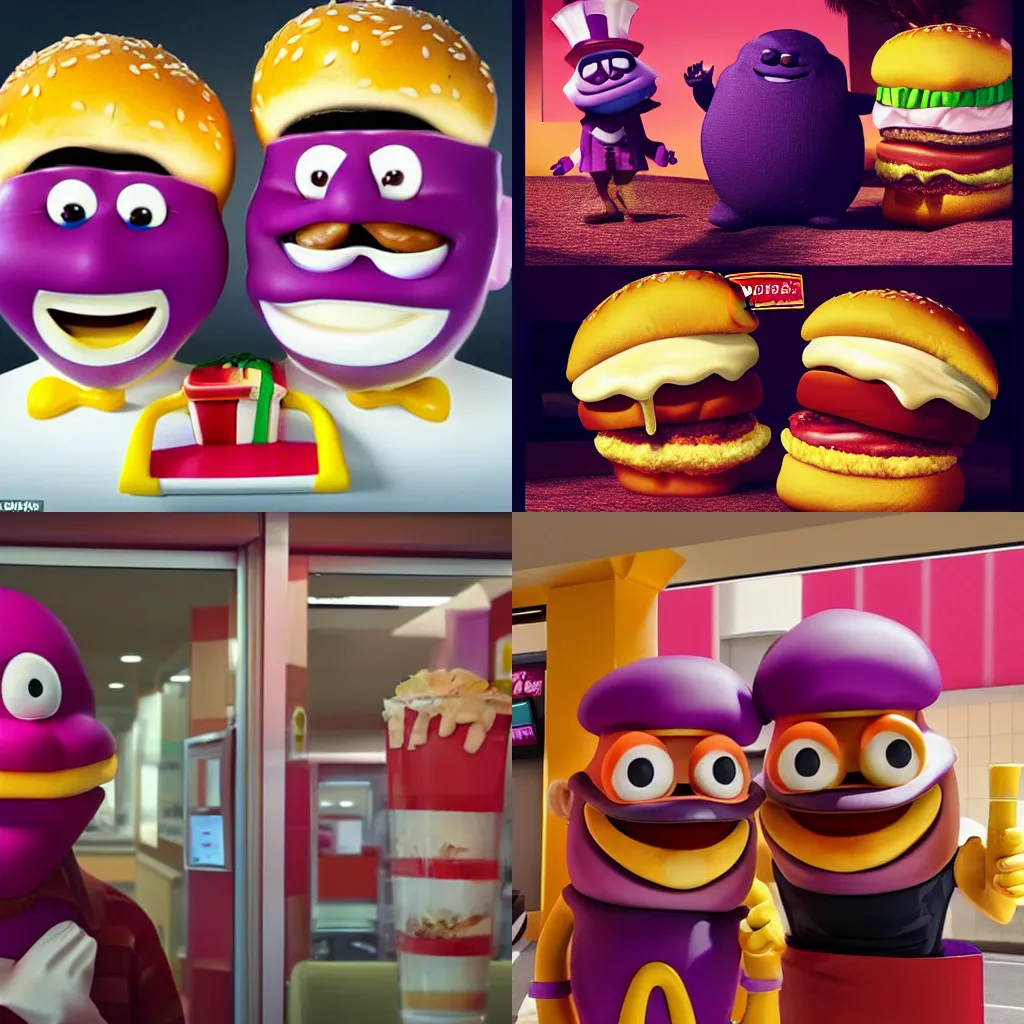 Prompt: The Grimace and the Hamburglar robbing a McDonalds, bags filled with burgers and milkshakes, McNugget Buddies crying, cinematic lighting