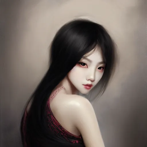 Image similar to a beautiful and elegant girl by wlop, black hair, dream, closeup headshot, high detailed, style of ghost blade, ultra - realistic painting.