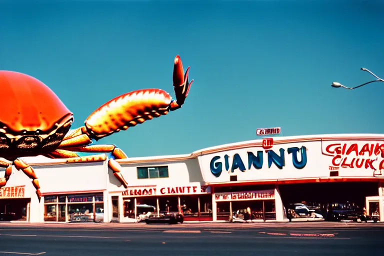 Image similar to 2 0 1 5 giant crab terrorizing a city, googie architecture, americana, fishcore, exterior photography, hd 8 k, photography cinestill