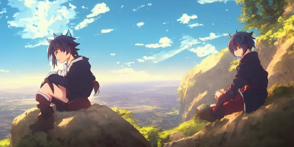 Image similar to isekai masterpiece anime boy sitting on a rock off to the side looking down upon umi, during dawn, cinematic, very warm colors, intense shadows, anime illustration, anime screenshot composite background