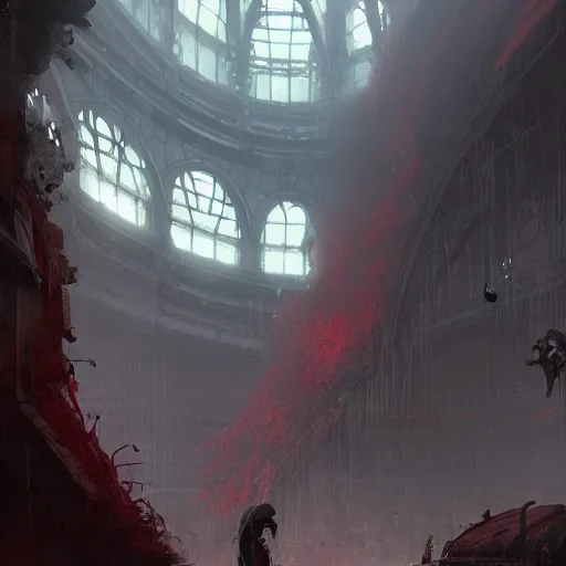 Image similar to concept art by greg rutkowski, a futuristic large inner garden under a great dome, desolate, covered in reddish slime on all sides, uncanny atmosphere, low light, scary atmosphere, scifi, highly detailed portrait, digital painting, artstation, concept art, smooth, sharp foccus ilustration, artstation hq