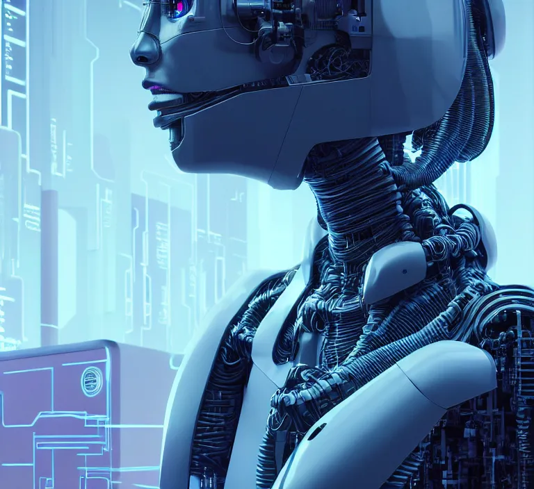 Image similar to hyperrealism stock photography of highly detailed stylish humanoid robot in sci - fi cyberpunk style by gragory crewdson and vincent di fate with many details by josan gonzalez working at the highly detailed data center by mike winkelmann and laurie greasley hyperrealism photo on dsmc 3 system rendered in blender and octane render