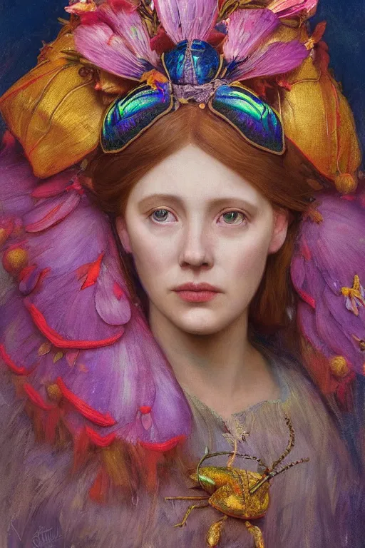 Prompt: queen of summer, by Annie Swynnerton, and Nicholas Roerich and Tino Rodriguez , elaborate headdress and embroidered velvet, iridescent beetles, rich color, dramatic cinematic lighting, extremely detailed, featured on artstation