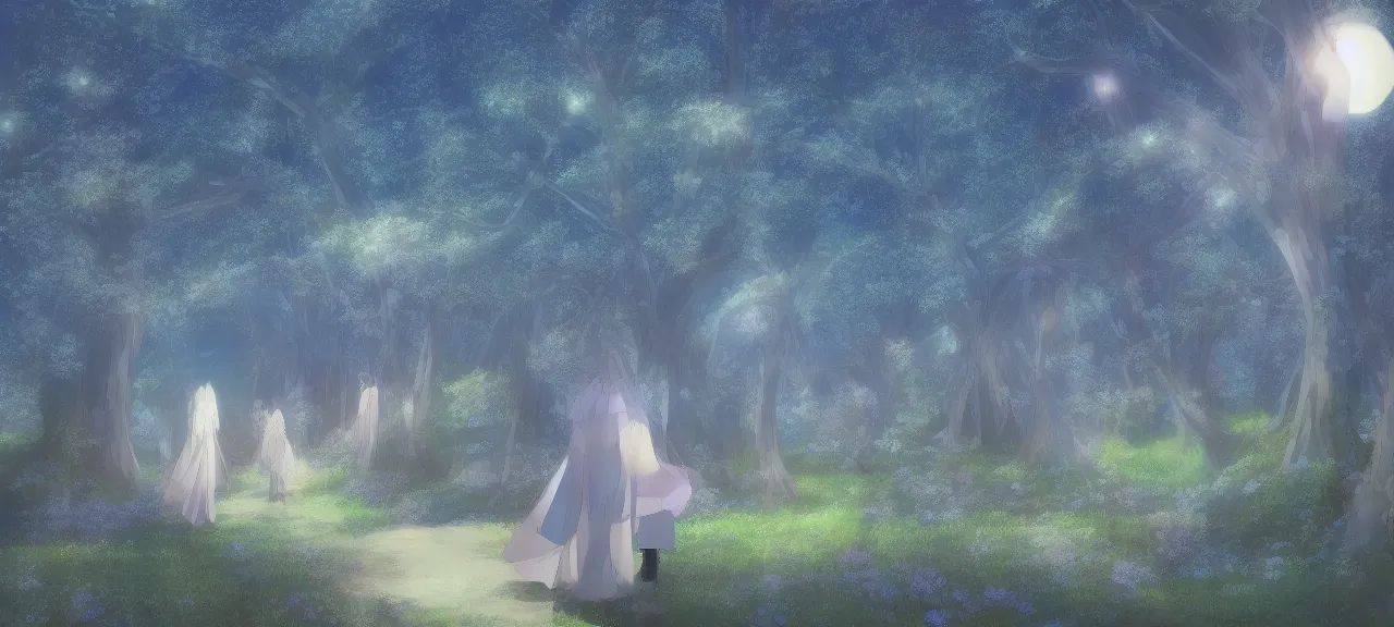 Image similar to illyasviel walking through enchanted ghibli clover | Big Moon at Blue Night | Trees with white flowers | bioluminescent blue FLOWERS | strong blue rimlit | visual-key | anime illustration | highly detailed High resolution | Light Novel | Visual Novel | In the style of Miyama-Zero, Yuuki Hagure