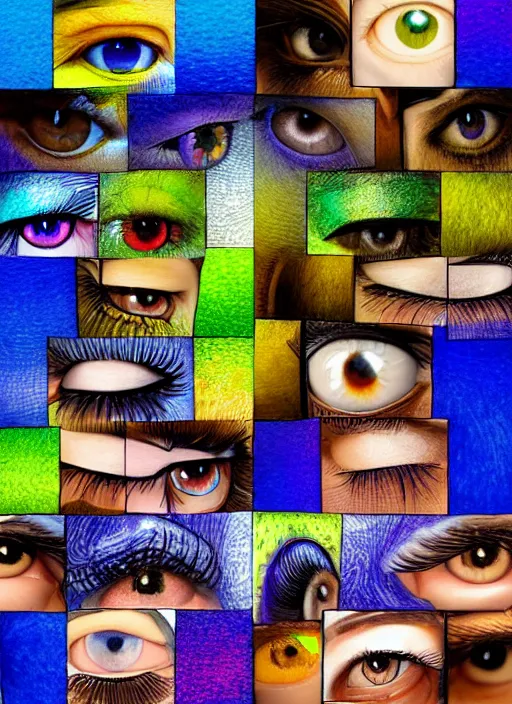 Image similar to grid montage of cube shaped eyes, cube shaped dilated pupils, cubic irises, detailed colored textures, eyelashes, advanced art, art styles mix, from wikipedia, wet reflections in cube eyes, sunshine light, hd macro photograph, from side, various eyelid positions