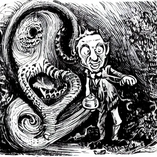 Prompt: twas brillig, and the slithy toves did gyre and gimble in the wabe | lewis carroll and hp lovecraft with doctor seuss and hr giger