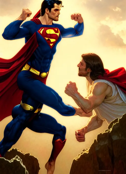 Image similar to Jesus fighting superman , diffuse lighting, fantasy, intricate, elegant, highly detailed, lifelike, photorealistic, digital painting, artstation, illustration, concept art, smooth, sharp focus, art by John Collier and Albert Aublet and Krenz Cushart and Artem Demura and Alphonse Mucha