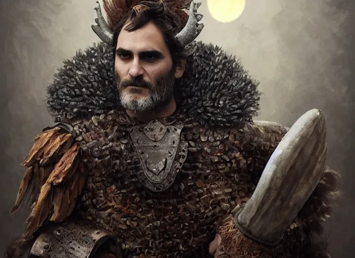 Image similar to digital painting of joaquin phoenix wearing armor made of animals, cow horns, pig nose, sheep wool, chicken feather armor, majestic, by anna podedworna and miklos ligeti, diego maricato, taran fiddler, antonino truisi, chris reddie, jinsung lim, on artstation