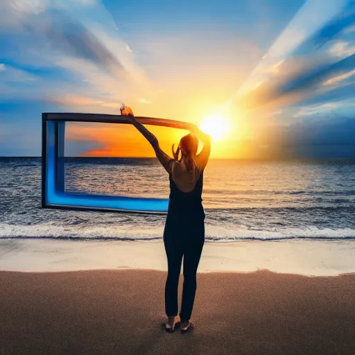 Prompt: a woman facing a blue energy portal on the street, which shows a beach at sunset