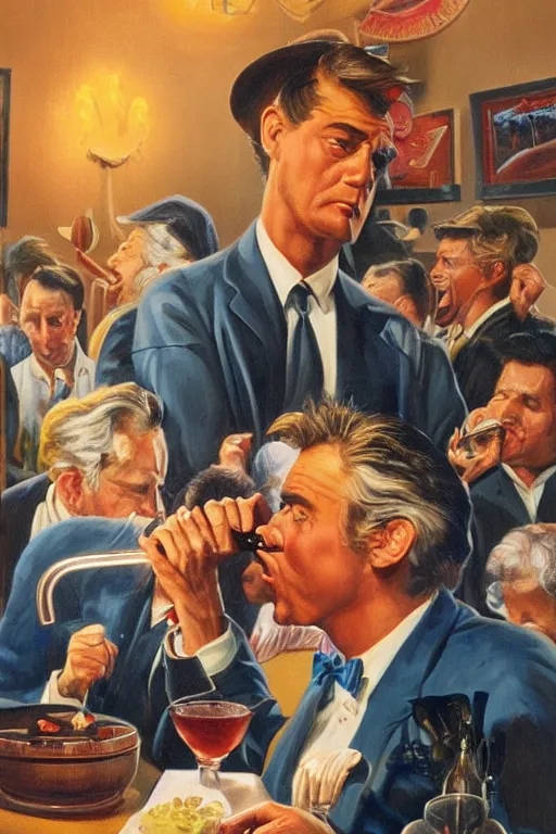 Prompt: eating the crumbs that fall from the rich man's table, an ultrafine detailed painting by john philip falter, shutterstock, american scene painting, movie still, concert poster, poster art