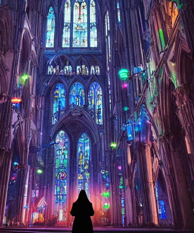 Prompt: mouse - eye view of a tall brightly lit cyberpunk cathedral with stained glass windows at night, low angle perspective from behind a woman holding an umbrella who is gazing upward with wonder, reflections visible in scattered rain puddles, octane ray tracing, volumetric lighting, trending on artstation