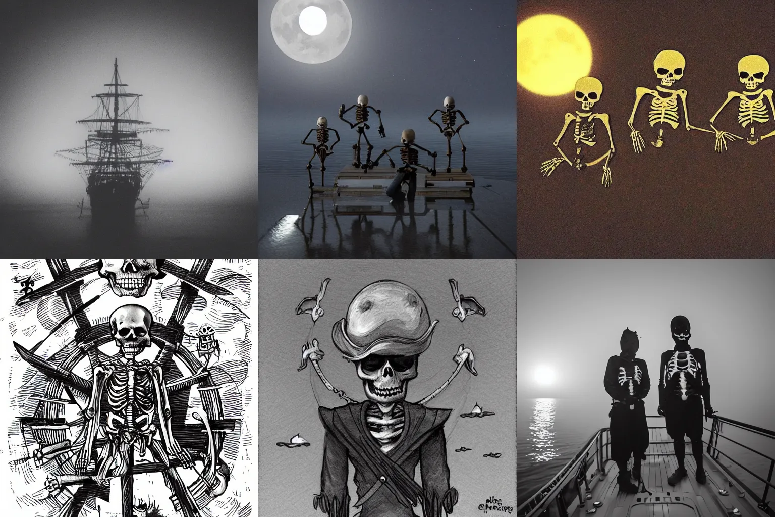 Prompt: Skeleton Pirate crew on a ship, foggy night, moon in the sky