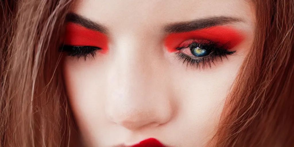 Prompt: a close up photo of a beautiful young woman with accents of yellow and red. Moody and melanchony