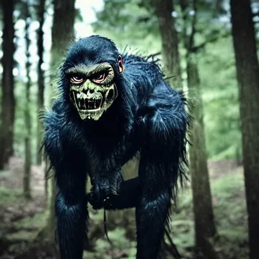 Image similar to werecreature consisting of a human and crow, photograph captured in a forest