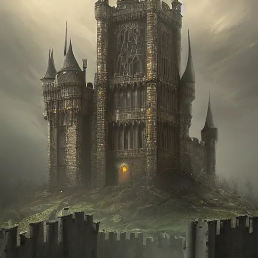 Image similar to a lonely and impossibly tall ominous palace dark citadel tower of the evil patriarch, battlements, castle wall, portcullis, on a plateau island in a river elevated high above the city, flintlock fantasy capital city, scary gothic architecture, ultrawide lense, aerial photography, unreal engine, exquisite detail, 8 k, art by greg rutkowski and alphonse mucha