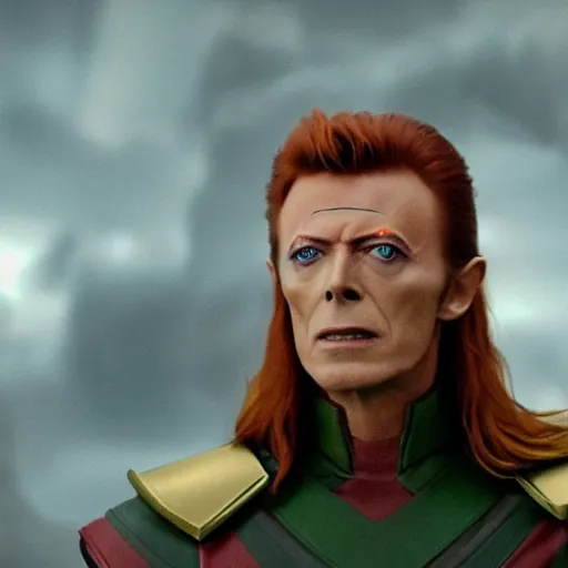 Image similar to film still of David Bowie as Loki in Thor, 4k