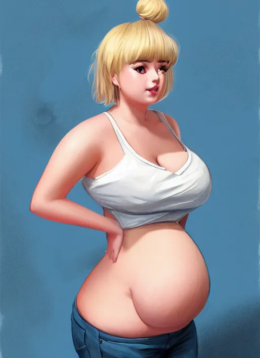 Image similar to full body teenage betty cooper, blonde hair, obese, bangs, ponytail, sultry, realistic, sultry smirk, ponytail, fluffy bangs, curly bangs, fat, belly, beautiful girl, intricate, elegant, highly detailed, digital painting, artstation, concept art, smooth, sharp focus, illustration, art by wlop, mars ravelo and greg rutkowski