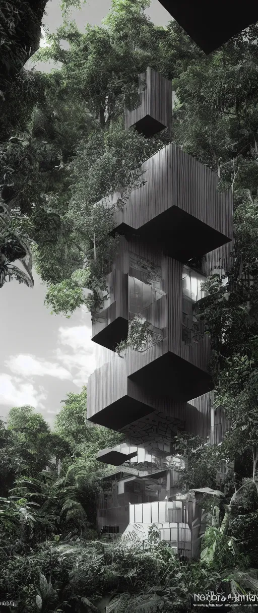 Image similar to architecture inspired by le corbusier in the rainforest. nature is taking over. upside down. metabolism. octane render. global illumination. atmospheric. photorealistic. color scheme black and white.