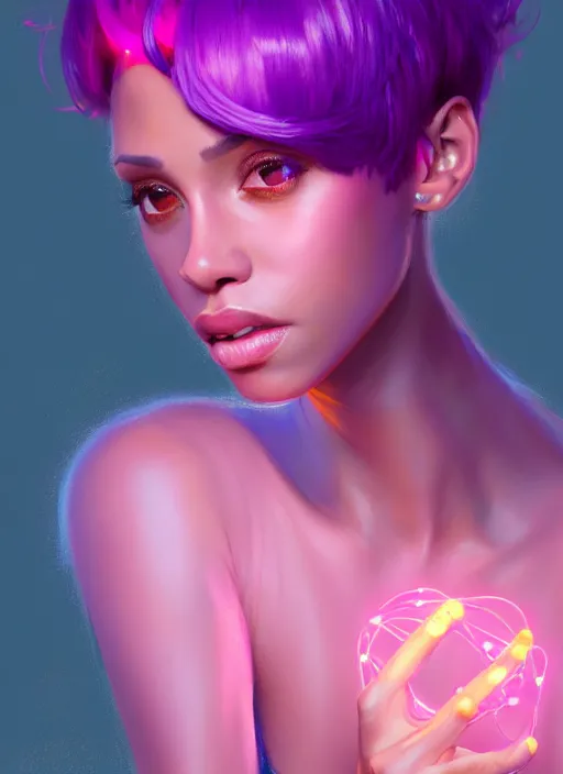 Image similar to portrait of vanessa morgan with bright pink hair, curly pixie cut hair, wearing a purple cap, intricate, elegant, glowing lights, highly detailed, digital painting, artstation, concept art, smooth, sharp focus, illustration, art by wlop, mars ravelo and greg rutkowski