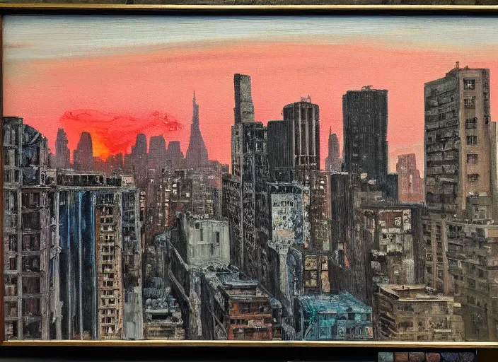 Image similar to seen through a window, decrepit new york, post apocalyptic cityscape after a nuclear war, beautiful radioactive sunset lighting, beautiful painting, fallout