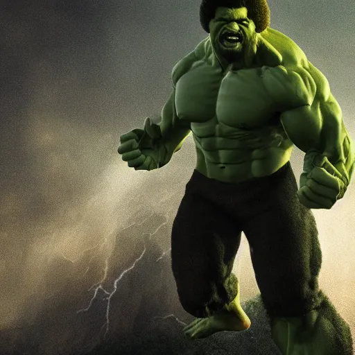 Image similar to full body portrait , photomanipulation of BOB ROSS as hulk with human flesh, marvel, fully detailed, volumetric lightening, octane render, 8k, masterpiece, epic composition