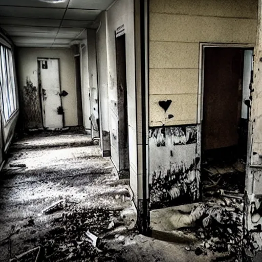 Image similar to eerie dark figure hidden in plain sight, abandoned hospital, creepy, scary