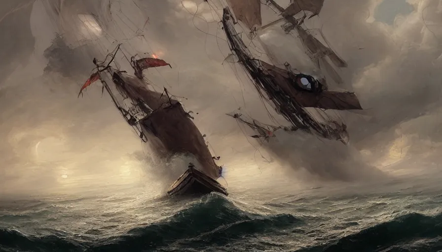 Image similar to A beautiful painting of a kraken attacking a sailing ship in a stormy sea by greg rutkowski and Kalin Popov , Trending on artstation HD.