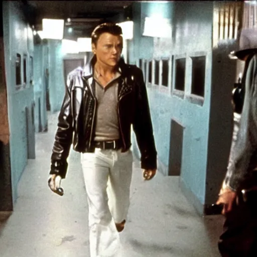 Prompt: film still of leonardo di caprio as t - 1 0 0 0 walking through bars in hospital scene in terminator 2