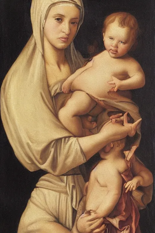 Image similar to kim kardashian as the madonna with child, painting by old dutch masters