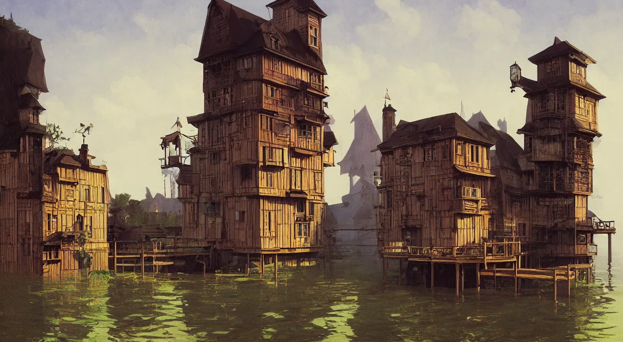 Prompt: single flooded simple victorian wooden tower, very coherent and colorful high contrast!! masterpiece by rene magritte simon stalenhag carl spitzweg syd mead norman rockwell edward hopper james gilleard, minimalist, dark shadows, sunny day, hard lighting