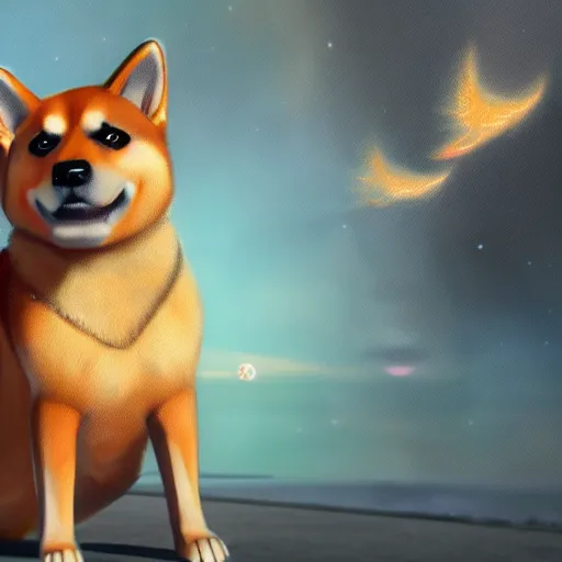 Image similar to an oil painting of a shiba inu with demon wings, hd, hdr, ue 5, ue 6, unreal engine 5, cinematic 4 k wallpaper, 8 k, ultra detailed, high resolution, artstation, award winning